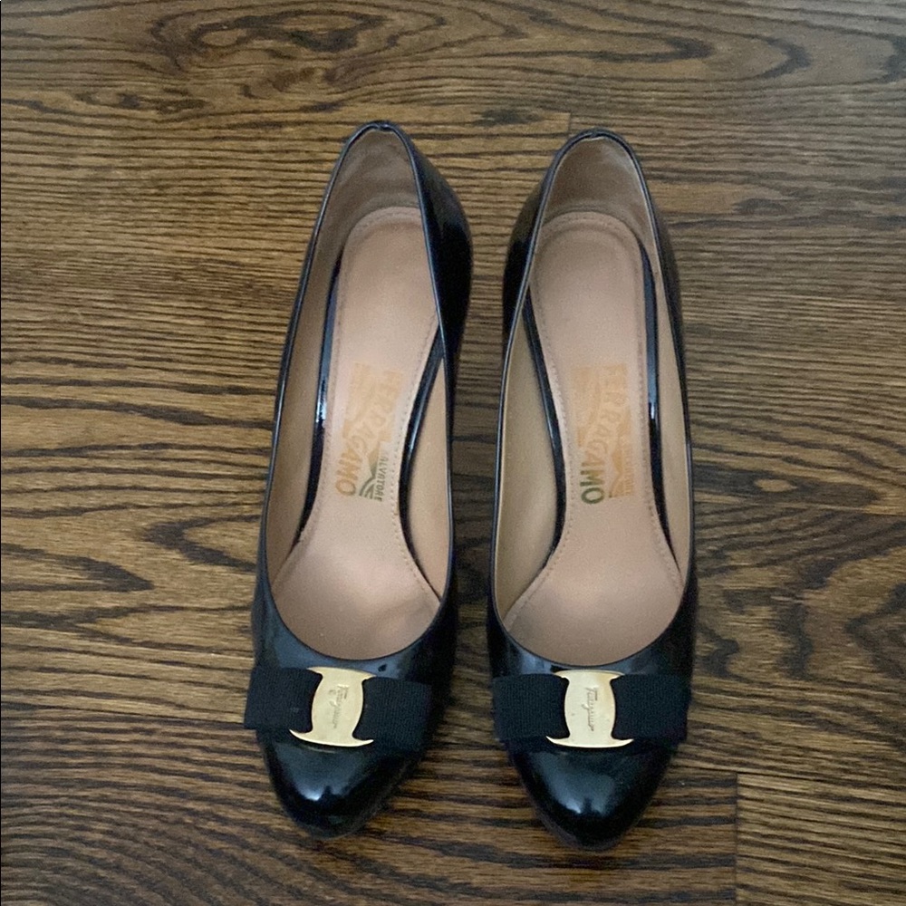Salvatore Ferragamo Black Heels with Gold Bow